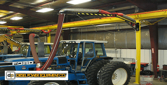 Fume-A-Vent Boom Arms installed at Diesel Power Co. to exhaust tractor emissions.