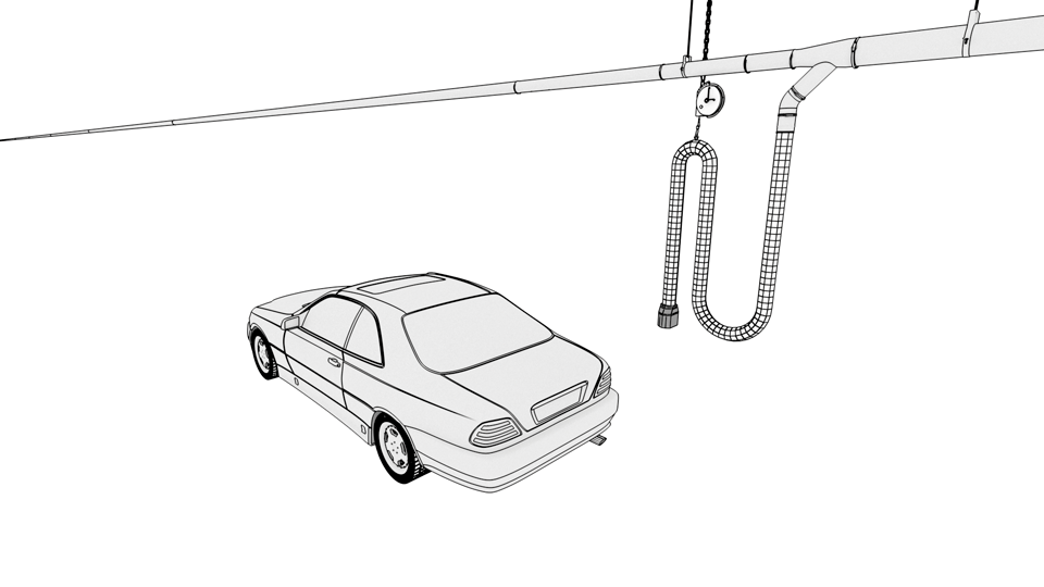 An animated image showing a spring balancer overhead exhaust removal system in operation.