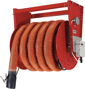 Fume-A-Vent motor operated hose reel show with attached exhaust hose.