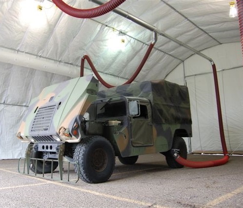 Fume-A-Vent exhaust removal system shown installed and attached to a military vehicle.